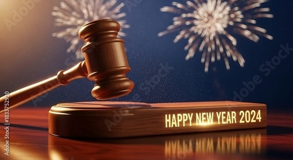 Fototapeta Justice and celebration gavel with happy new year 2024 and fireworks display