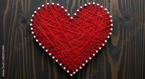 Fototapeta Handmade red string heart art with white pearl border on rustic dark wood background