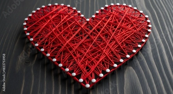 Fototapeta Handmade red string art heart with white pearl embellishments on dark wood background