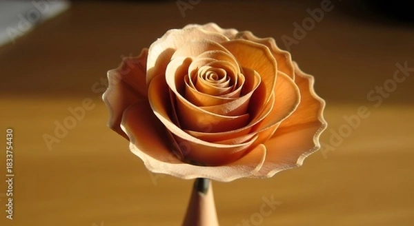 Fototapeta Close up of a single dried orange rose with delicate petals against a blurred wooden background