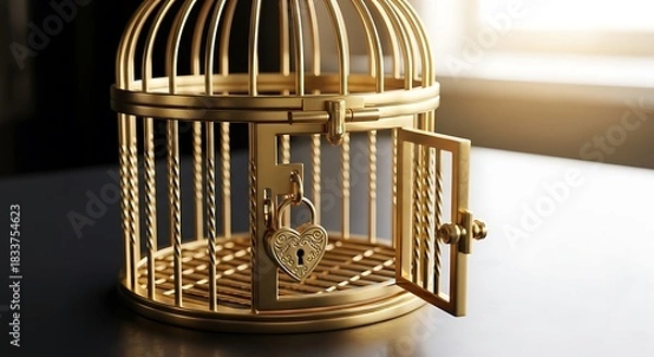 Fototapeta Ornate golden birdcage with open door and visible lock symbolizing freedom and escape
