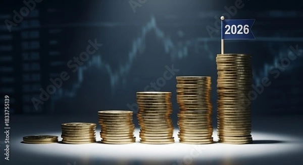 Fototapeta Golden coin stacks ascend with a 2020 flag symbolizing financial growth and economic progress