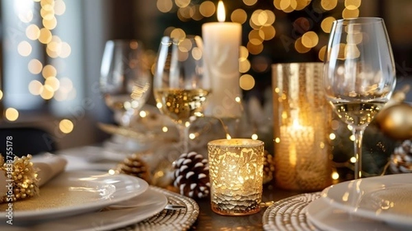 Obraz Luxury New Year 2026 dinner setup with golden candles wine glasses and elegant decorations