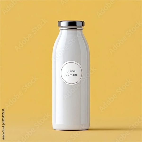 Fototapeta A white bottle of lemon juice with a silver cap and a label that reads "juine Lemon" is isolated on a yellow background.
