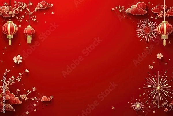 Obraz Festive red background with decorative lanterns and fireworks