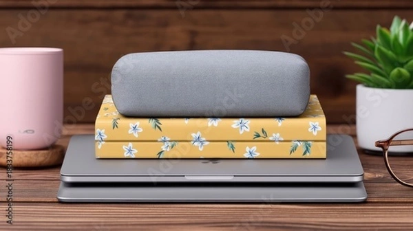 Fototapeta A still life image featuring a laptop, books, and other objects on a wooden desk indoors. The lighting is soft and natural.