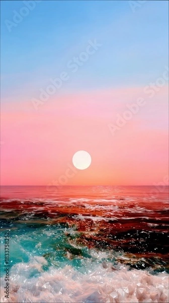 Fototapeta A vibrant image of ocean waves under a colorful sunset sky, with the sun shining brightly.
