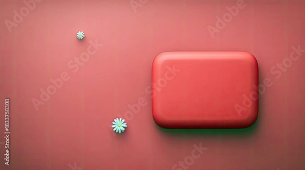 Fototapeta A red rectangle and several small flowers are arranged on a pink background. The image is shot from a top-down perspective.