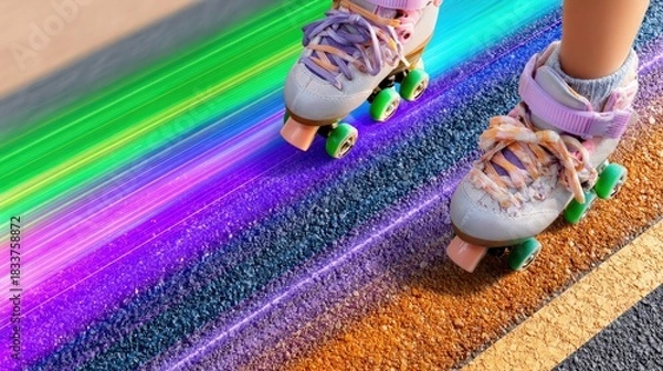 Fototapeta Close-up of roller skates moving on a colorful rainbow road, creating an artistic and dynamic visual.