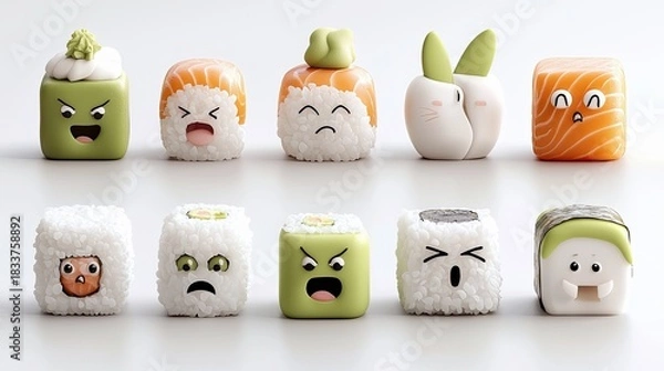 Fototapeta A collection of sushi pieces, each designed with a unique facial expression, arranged on a white surface.