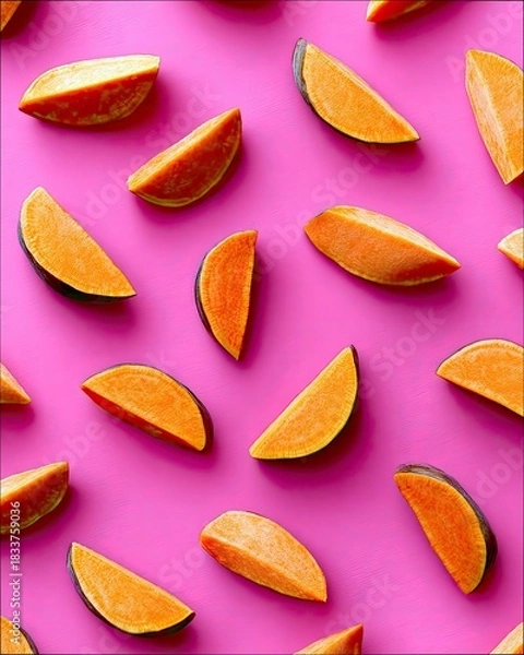 Fototapeta Overhead shot of sweet potato wedges arranged in a pattern on a vibrant pink background. The image highlights the orange flesh and dark skin of the sweet potato