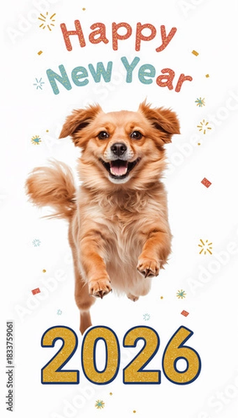 Obraz 軽快に跳ねる犬とミニマルな白背景を組み合わせた2026年のハッピーニューイヤー向け縦構図デザイン. 生成AI
