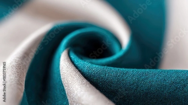 Fototapeta Close-up of a swirled fabric in teal and white, creating a spiral pattern, with soft focus and a textural appearance.