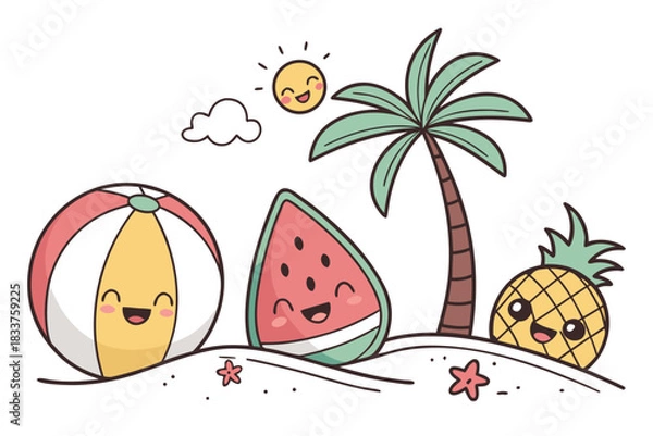 Obraz Kawaii Summer Text Banner with Cute Fruits Ball Surf Palm Tree Emoji Vector