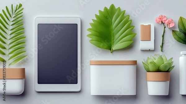 Fototapeta A minimalist arrangement featuring a tablet, various plants, and other objects on a white background. The composition exudes a clean, modern aesthetic.