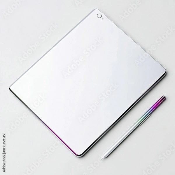 Fototapeta A modern tablet and stylus are displayed on a white surface, showcasing a minimalist design aesthetic.