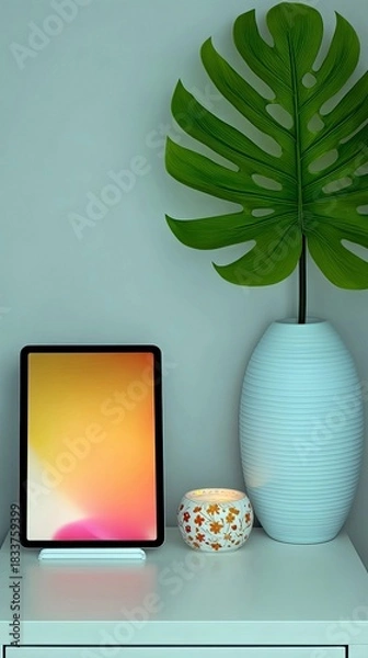 Fototapeta A tablet with a colorful screen sits on a white table next to a vase with a large leaf and a decorative candle. Minimalist, modern interior.