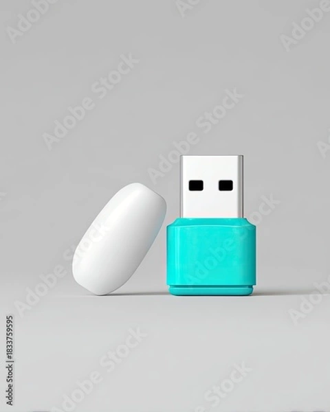Fototapeta A close-up studio shot of a teal and white USB flash drive with its cap next to it, set against a plain gray background.