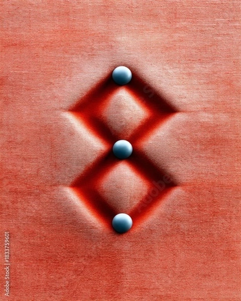 Fototapeta Close-up of a red upholstered fabric with three blue buttons arranged in a diamond pattern. The fabric has a textured appearance.