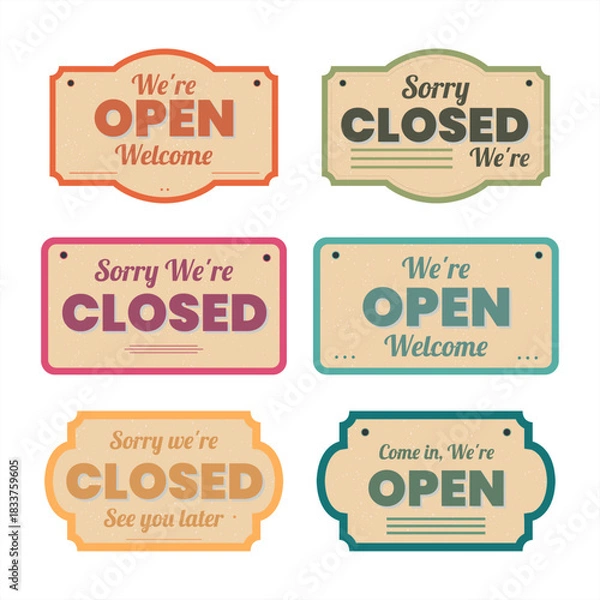 Fototapeta Vintage Open and Closed Sign Vector Set – Retro Pastel Color Labels. Design Illustration