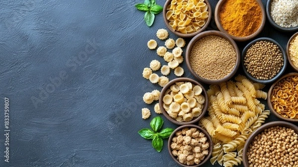 Fototapeta Overhead shot of assorted pasta, spices, and herbs in wooden bowls on a dark textured surface. A visually appealing food arrangement.
