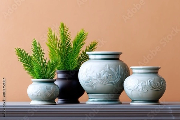 Fototapeta Still life of decorative vases with green plants on a shelf against a neutral background. Studio shot.