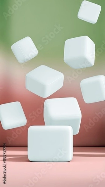 Fototapeta Abstract image of white cubes floating in a studio environment with a pink and green gradient background.