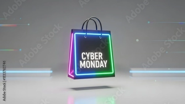 Obraz A glowing neon shopping bag with the words "Cyber Monday" displayed prominently, symbolizing online shopping deals and promotions.