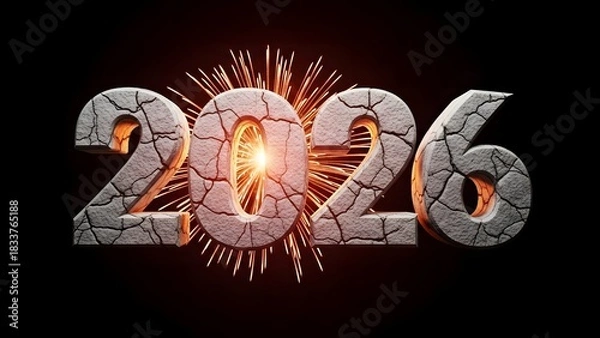Obraz A striking digital illustration showcasing the year 2026 with a cracked stone texture and fireworks.