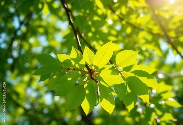 Obraz Vibrant green spring leaves, sunlight dappled, soft focus background, leaves, green