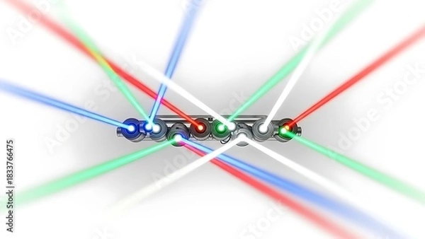 Fototapeta Colorful laser beams emanating from a central device on white background