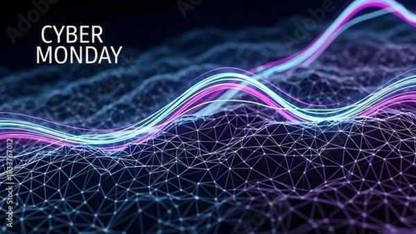 Obraz Abstract digital visualization of Cyber Monday with glowing lines representing data flow over a network grid.