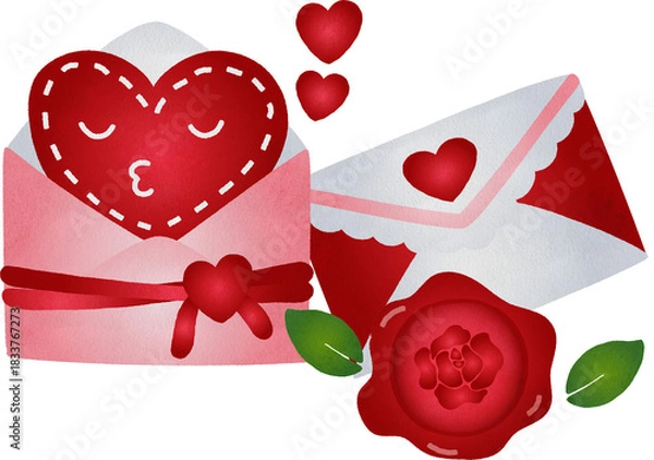 Fototapeta Watercolor Illustration of Envelopes and Hearts Hand Drawn Style