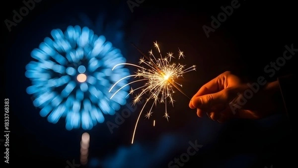 Obraz A hand holding a sparkler with a blue firework in the background during the night.