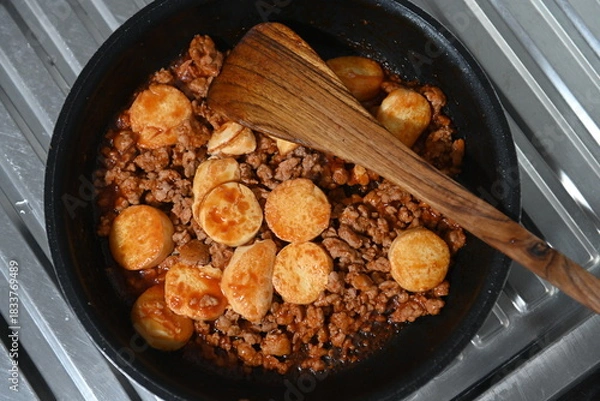 Obraz Tofu with minced pork stir-fried in tomato sauce