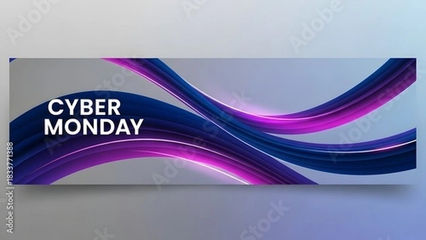 Obraz Cyber Monday promotional banner with abstract blue and purple wavy lines and glowing effects, perfect for online sales and digital marketing.