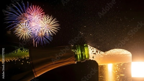 Obraz A celebratory image featuring fireworks exploding in the night sky with champagne being poured into a glass.