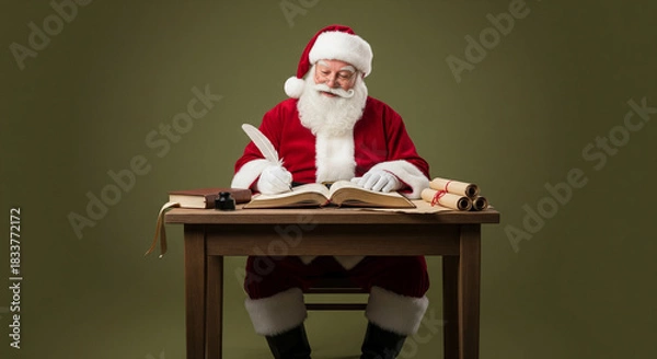 Fototapeta Joyful Santa Claus with a white beard writing in a large book with a feather quill pen at a wooden desk against a plain background