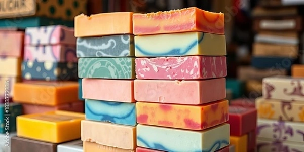 Obraz Stack of colorful, fragrant soap bars ready for sale,  product photography, soap