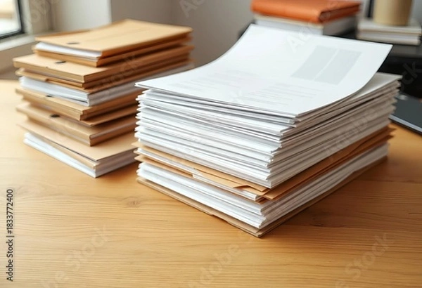 Obraz Stack of crisp white papers and brown envelopes on wooden desk, surface, design