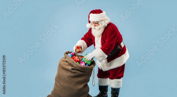 Fototapeta Santa Claus in a traditional red suit reaching into a large burlap sack filled with colorful Christmas presents against a light blue background