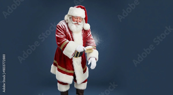 Fototapeta Jolly Santa Claus with a curious expression, observing a glowing digital device in his hands against a festive deep blue background, embodying holiday wonder and modern discovery