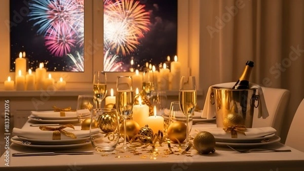 Obraz Elegant New Year's Eve dinner table with champagne, candles, and fireworks in the window.
