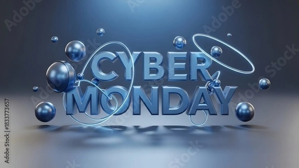 Obraz Cyber Monday promotional graphic with blue text and spheres on a reflective surface.