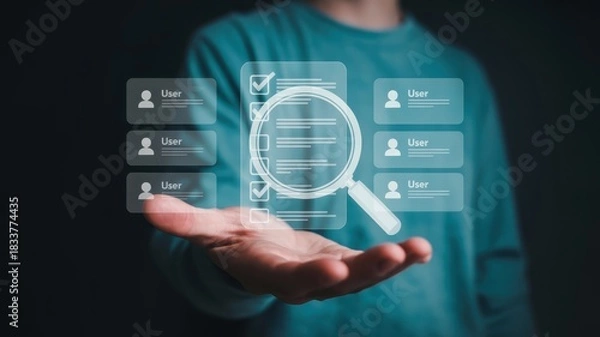Fototapeta Person holding holographic interface displaying user list review and verification process