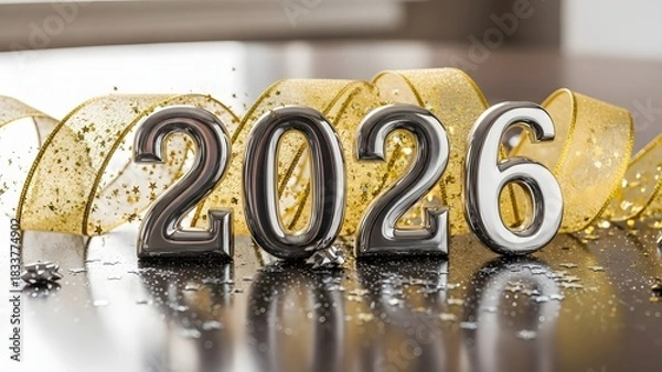 Obraz Shiny metallic numbers spelling out the year 2026 with a shimmering gold ribbon in the background.