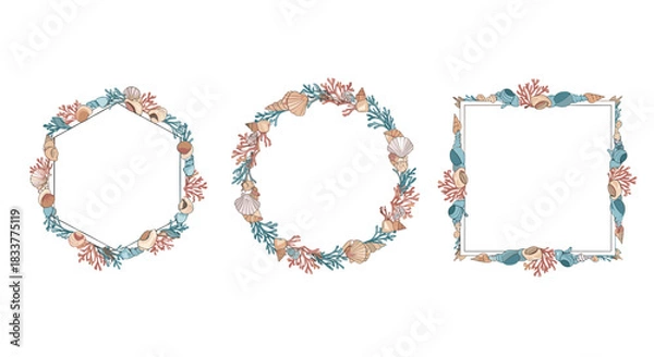 Fototapeta Set of decorative marine-themed frames with seashells coral and algae for summer wedding invitations or beach party decor.
