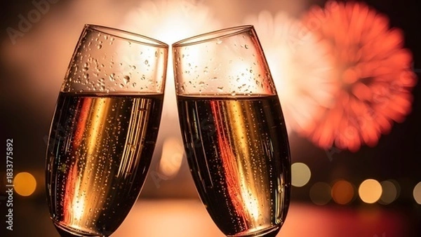Obraz Two champagne glasses toasting with fireworks in the background.