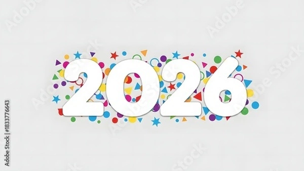 Obraz White 2026 numbers with colorful confetti shapes scattered on a light background, symbolizing celebration and the new year.