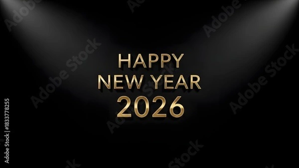 Obraz Happy New Year 2026 golden text on a black background with spotlights.